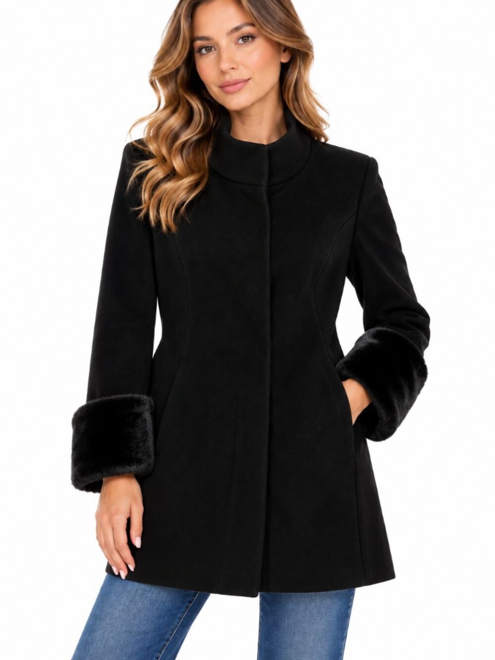 Style Paris Susan Sutherland Cashmere Silk Coat Fur Trim Size 42 Made in France